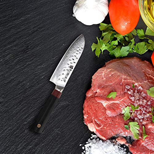 Tuo Santoku Knife, 5.5” Japanese High Carbon Damascus Stainless Steel Blade, Dishwasher Safe, Black Fiberglass Handle, Asian Kitchen Knife For Home And Restaurant, Includes Gift Box #TOP2