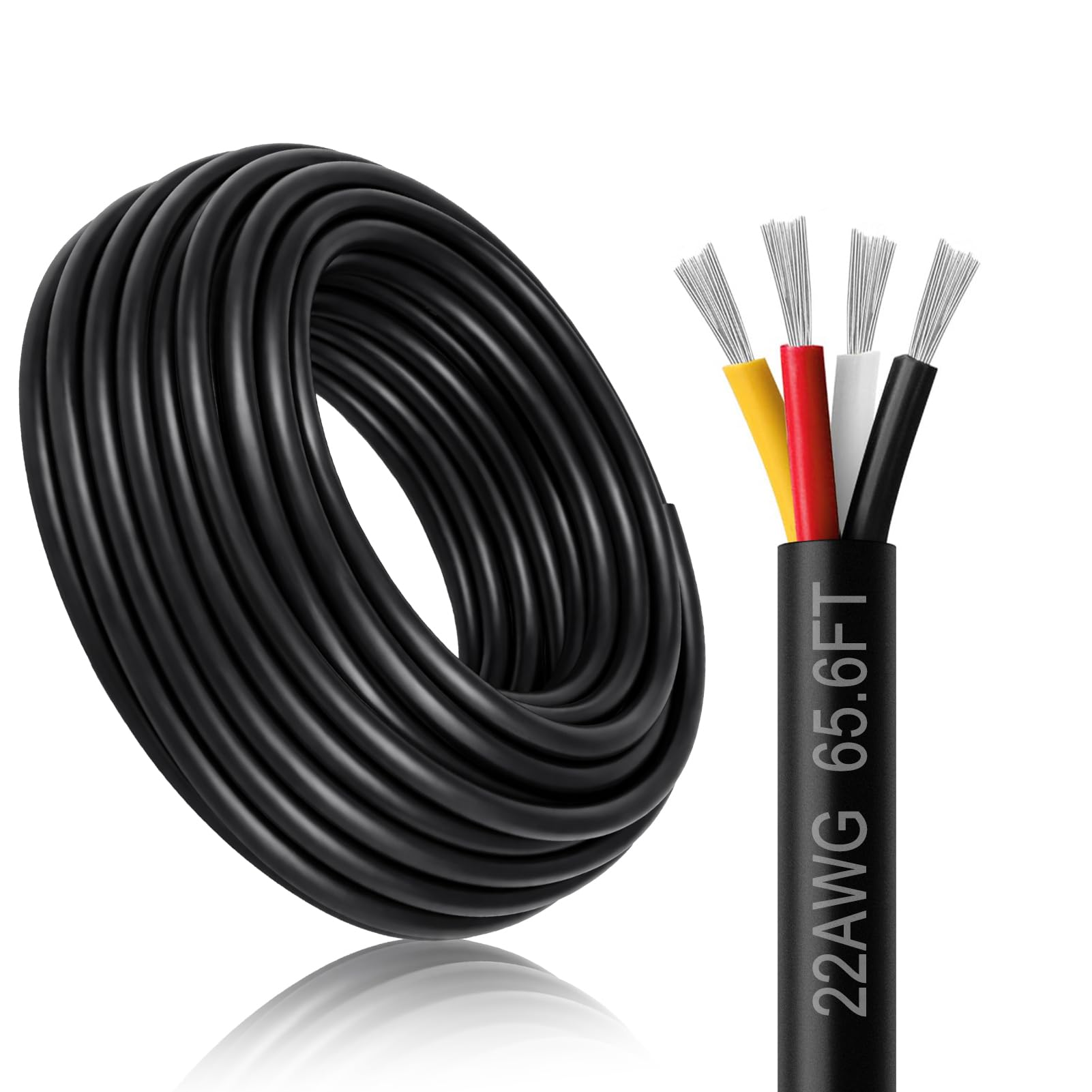DEKIEVALE 22 Gauge 4 Conductor Wire, 65.6FT Black PVC Stranded Tinned Copper Wire, 22/4 Speaker Wire, Audio Power Cable, Flexible 22AWG Wire for