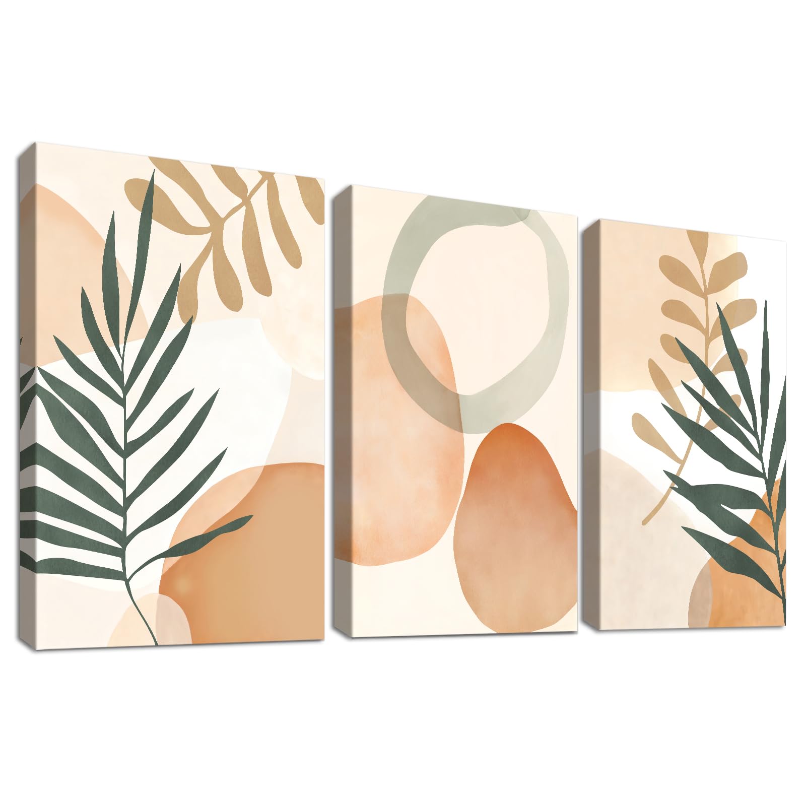 Set of 3 Wooden Framed Watercolor Botanical Canvas Wall Art Yellow Circles Green Leaves Painting on Canvas Prints Minimalist Geometric Pictures for Living Room Bedroom Hallway Wall Decor 50x70cm x3pcs — image 1