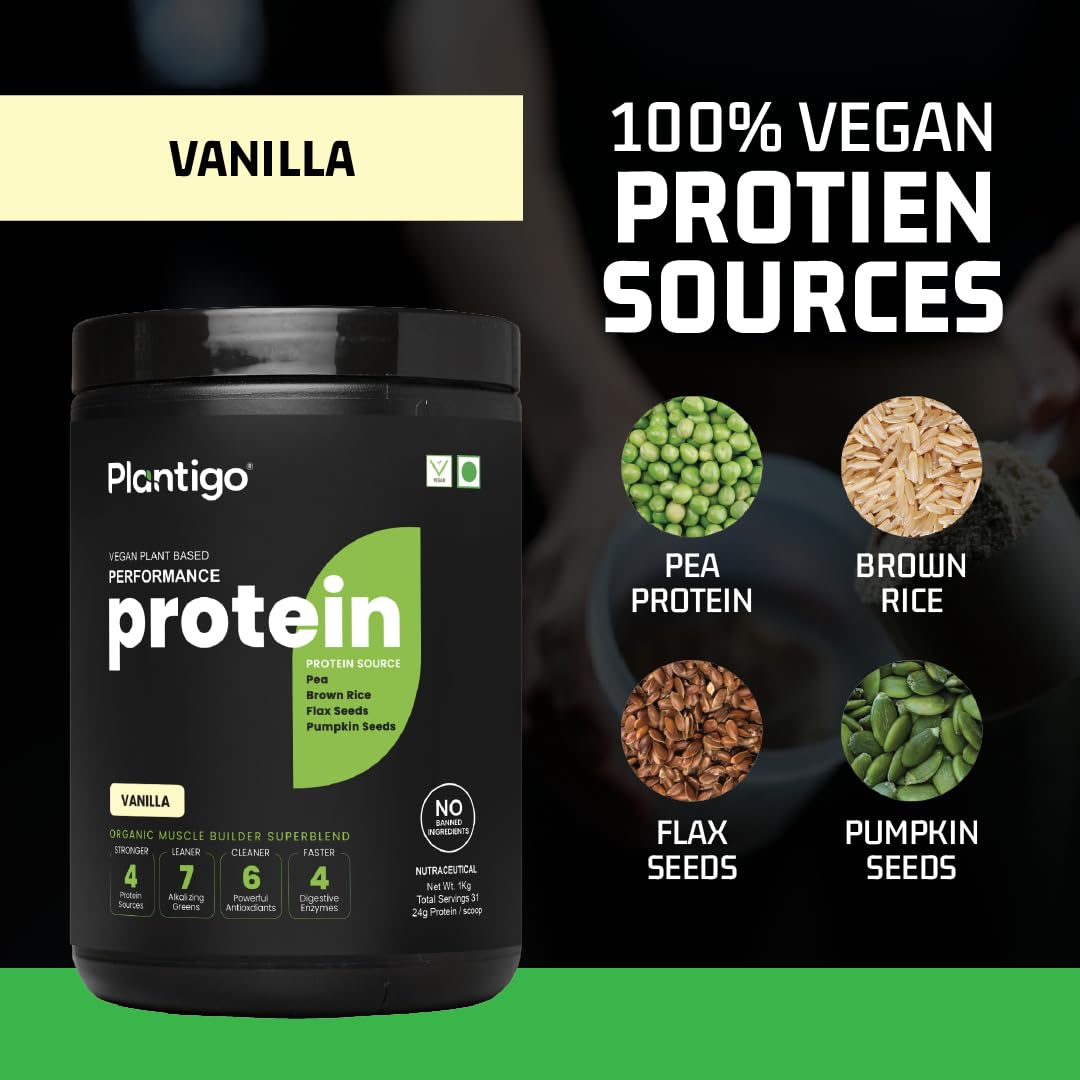 Plantigo Clean Plant Protein Powder | No Preservatives, No Banned Substances | Super Protein Blend - Pea, Brown Rice, Flax & Pumpkin| Protein For Men, Women (Vanilla Flavor - 1Kg + Shaker 600ml) 4