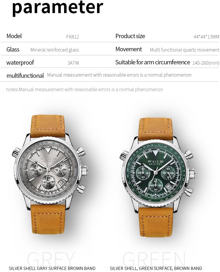 FEICE Men's Waterproof Chronograph Quartz Watch – Luxury Silver Dial, Luminous Hands, 24-Hour Display, Date Calendar, Leather Strap Watches for Men-FK812YYZ-1