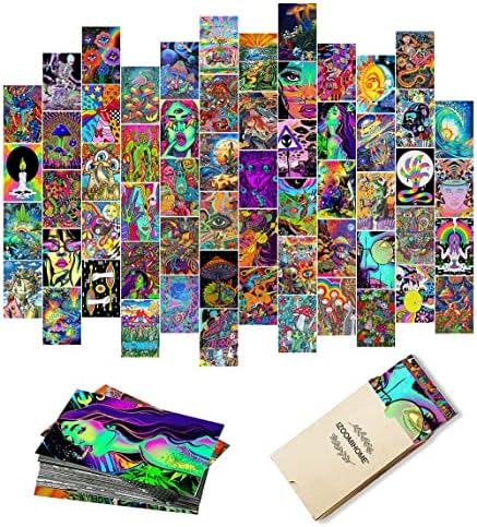 Hippie Trippy Drippy Wall Collage Kit Aesthetic Pictures, Hippie Room Decor, Bedroom Decor for Teen Girls, Trippy Room Decor, Trippy Wall Art Print, Trendy Small Posters for Dorm, Collage Kit (60 PCS)