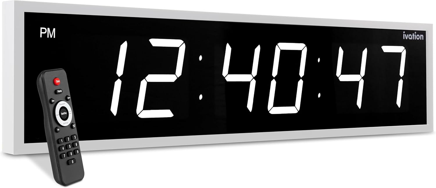 Ivation Huge Oversized 60" Large Digital LED Clock | Big Digital Clock w/Multi-Function Display – Stopwatch, Timer, Alarms, Temp & Date | 6 Brightness Levels, Time Memory & Remote (White)