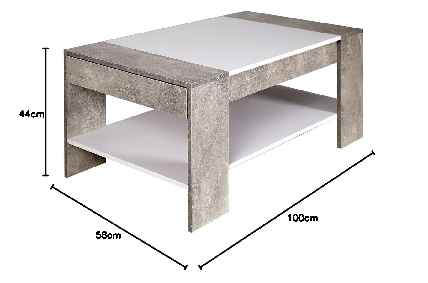 BAKAJI Tavolino Divano Tavolo Caffè da Salotto Rettangolare Design Moderno in Legno MDF con Ripiano Inferiore e Cassetto a Scomparsa Dimensione 100 x 58 x 44 cm Colore Grigio Effetto Cemento
