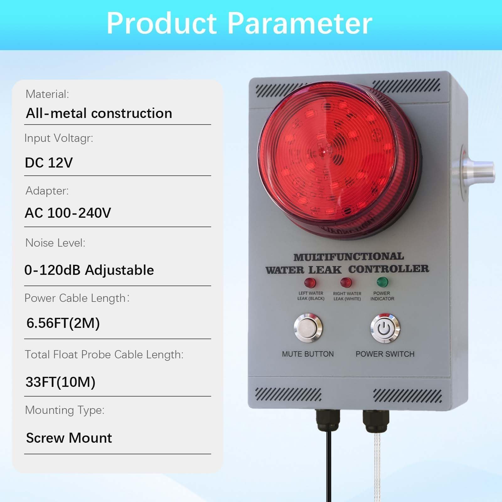 Alarma Profesional de Fuga de Agua, Detector con Doble sonda, Alarma 120dB Ajustable Sonora/Visual, Cable 10m, Totalmente metálico para Bomba de sumidero/sótano/fosa séptica/Pozo/fábrica/almacén