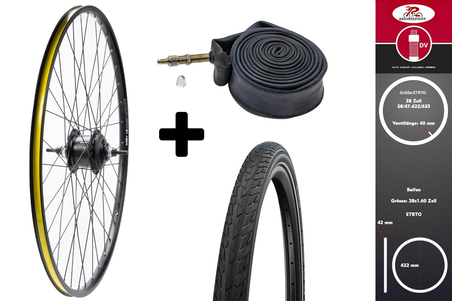 28 Zoll Fahrrad-Set – Road Cruiser Reifen (42-622) mit Pannenschutz & Reflex Yak 19 Hinterrad mit Nexus 7-Gang Nabe & Scheibenbremse Schlauch DV40