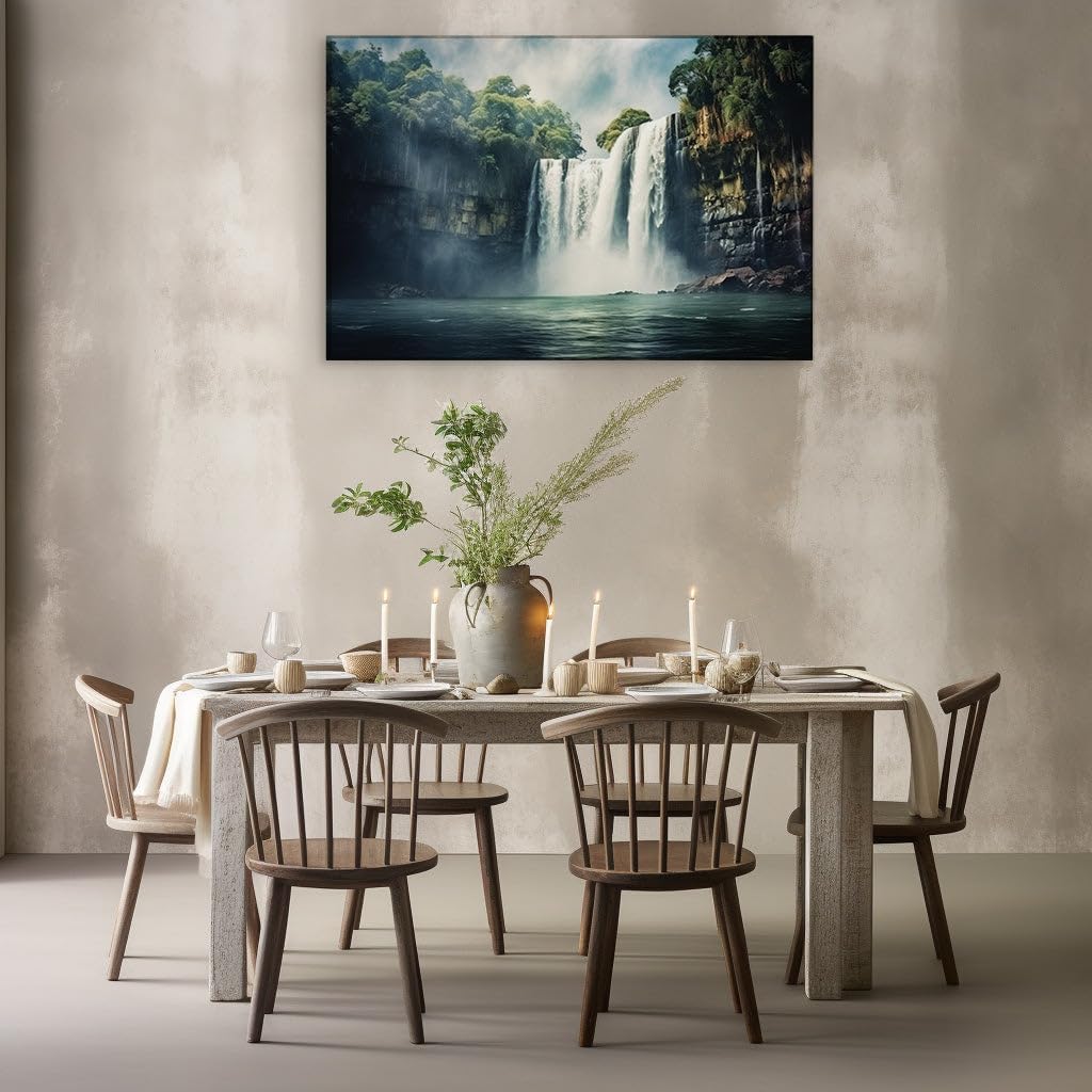 Canvas for Living room. Whispers of Nature: The Mystique of a Sunset-Kissed Waterfall, 27 x 18 inch Canvas Wall Art - Contemporary Masterpieces - Modern Home Decor