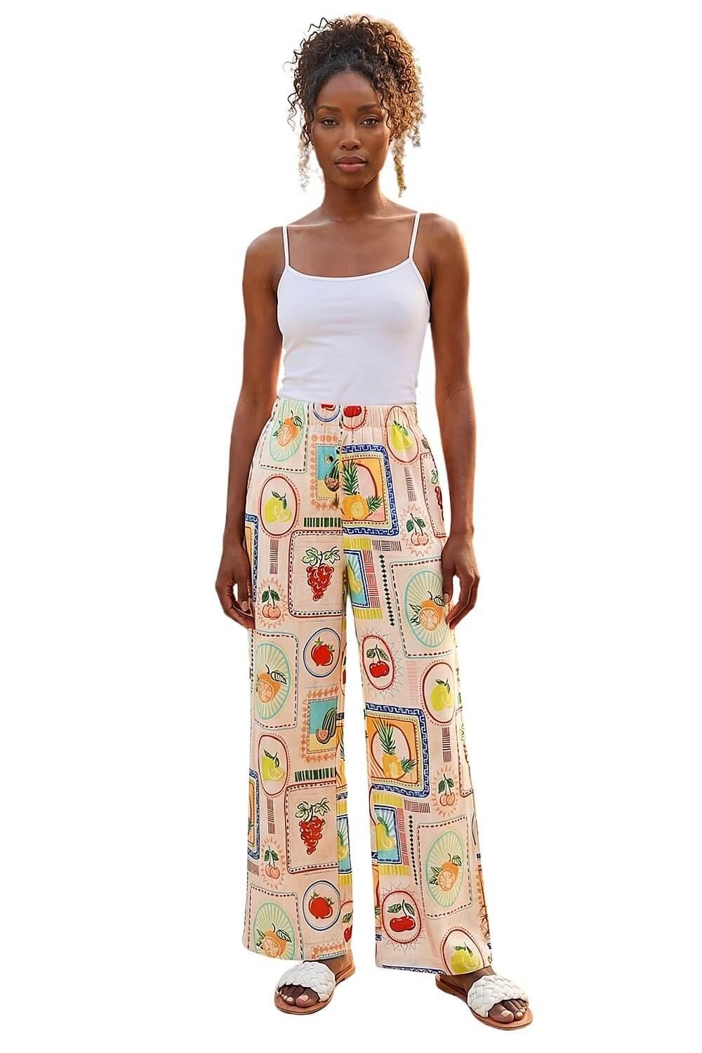 Roman Women's Ivory Fruit Print Tie Waist Stretch Trouser In | Size: 18
