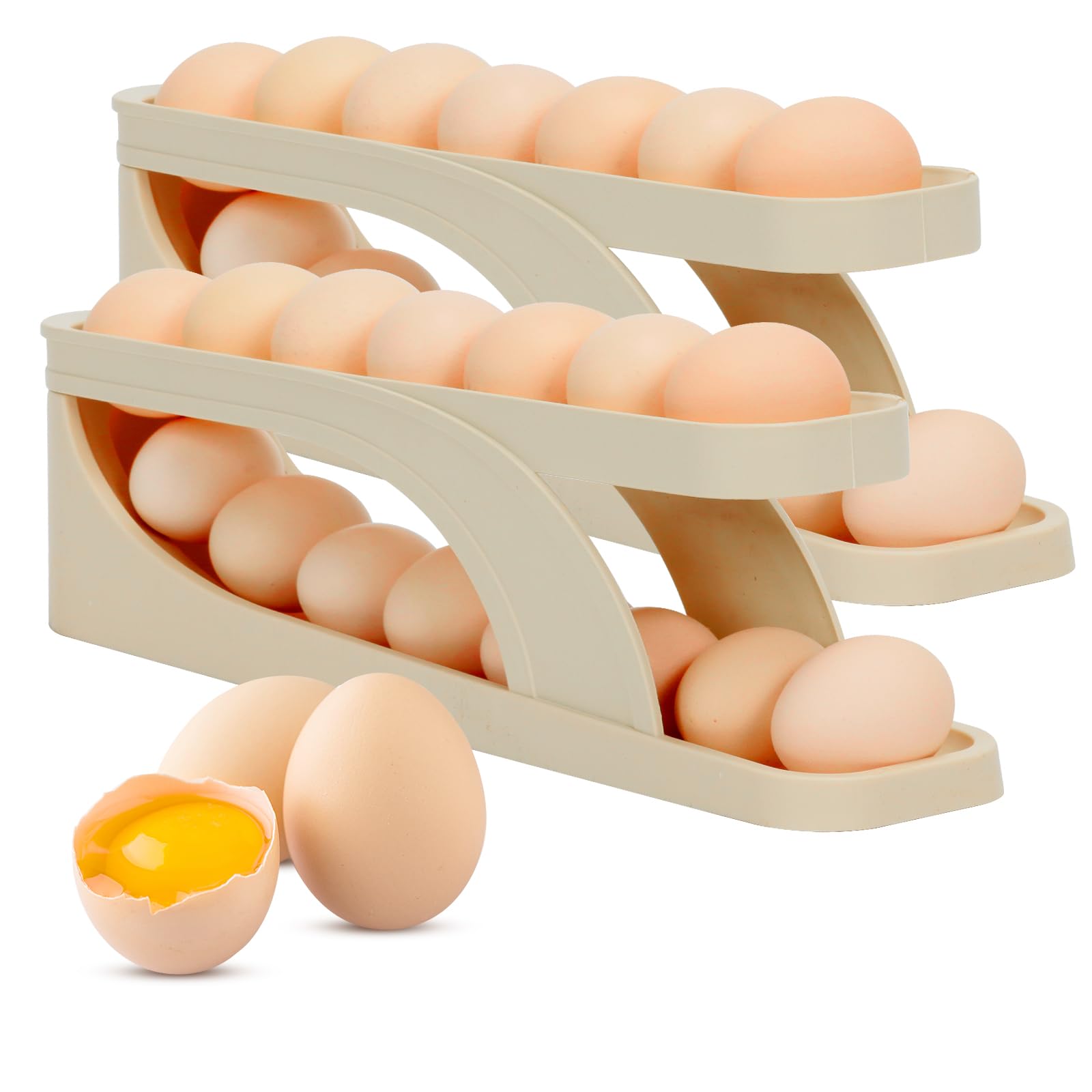 2PCS Rolling Egg Dispenser, Space-Saving Automatic Egg Roller Dispenser, 2 Tier Rolling Egg Holder Container Display Rack Organizer for Kitchen Refrigerator Storage Product Image 1