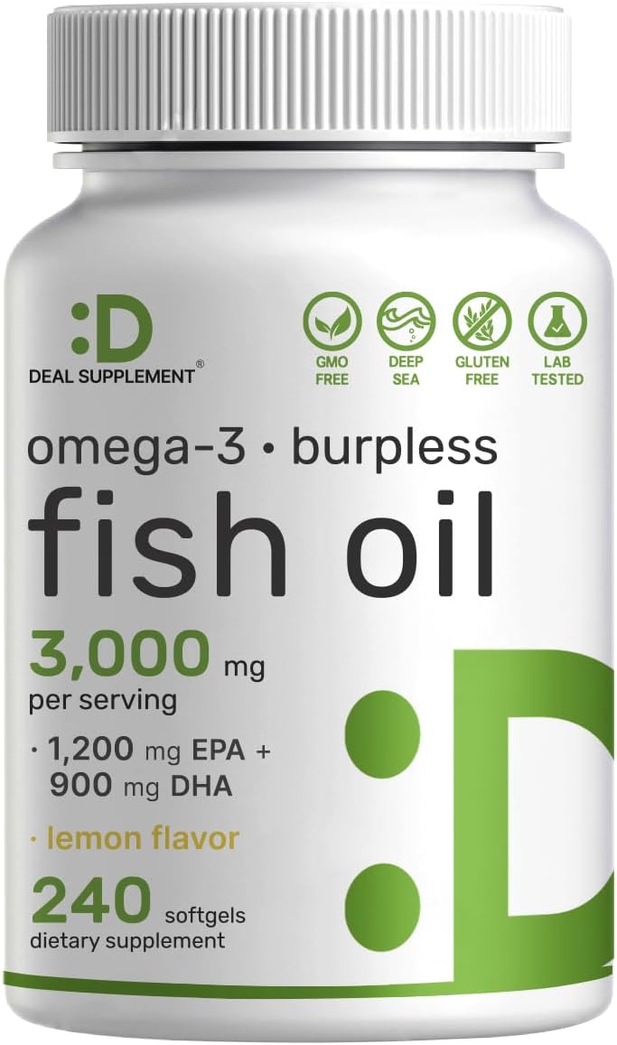 DEAL SUPPLEMENT Omega 3 Fish Oil Supplements, 3,000mg Per Serving, 240 Softgels โ EPA 1,200mg + DHA 900mg โ Burpless Pills, Lemon Flavored, Wild Caught โ Brain & Heart Support โ Mercury Free, Non-GMO