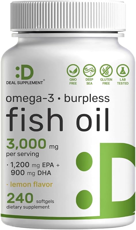 Omega 3 Fish Oil Supplements, 3,000mg Per Serving, 240 Softgels – EPA 1,200mg + DHA 900mg – Burpless Pills, Lemon Flavored, Wild Caught – Brain & Heart Support – Mercury Free, Non-GMO