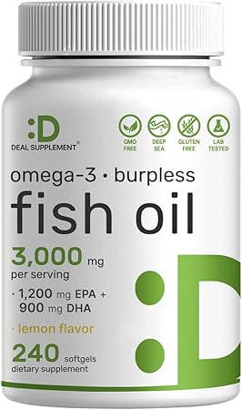 DEAL SUPPLEMENT Omega 3 Fish Oil Supplements, 3, 000mg Per Serving, 240 Softgels – EPA 1, 200mg + DHA 900mg – Burpless Pills, Lemon Flavored, Wild Caught – Brain & Heart Support – Mercury Free, Non-GMO