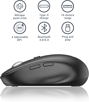 iClever Bluetooth Mouse, Dual Mode Wireless Mouse for Laptop (BT5.0/3.0 & 2.4G), USB-C Rechargeable, Silent Click, 4-Level 2400 DPI, 3 Device Switch, Portable Ergonomic Mouse for Windows, Mac, Android