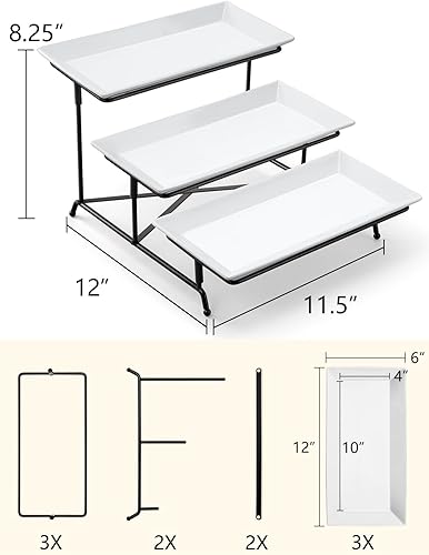 Miniatura 2 de Yedio Juego de bandejas para servir de 3 niveles de porcelana de 12 pulgadas, bandejas para servir escalonadas, soporte plegable más resistente con