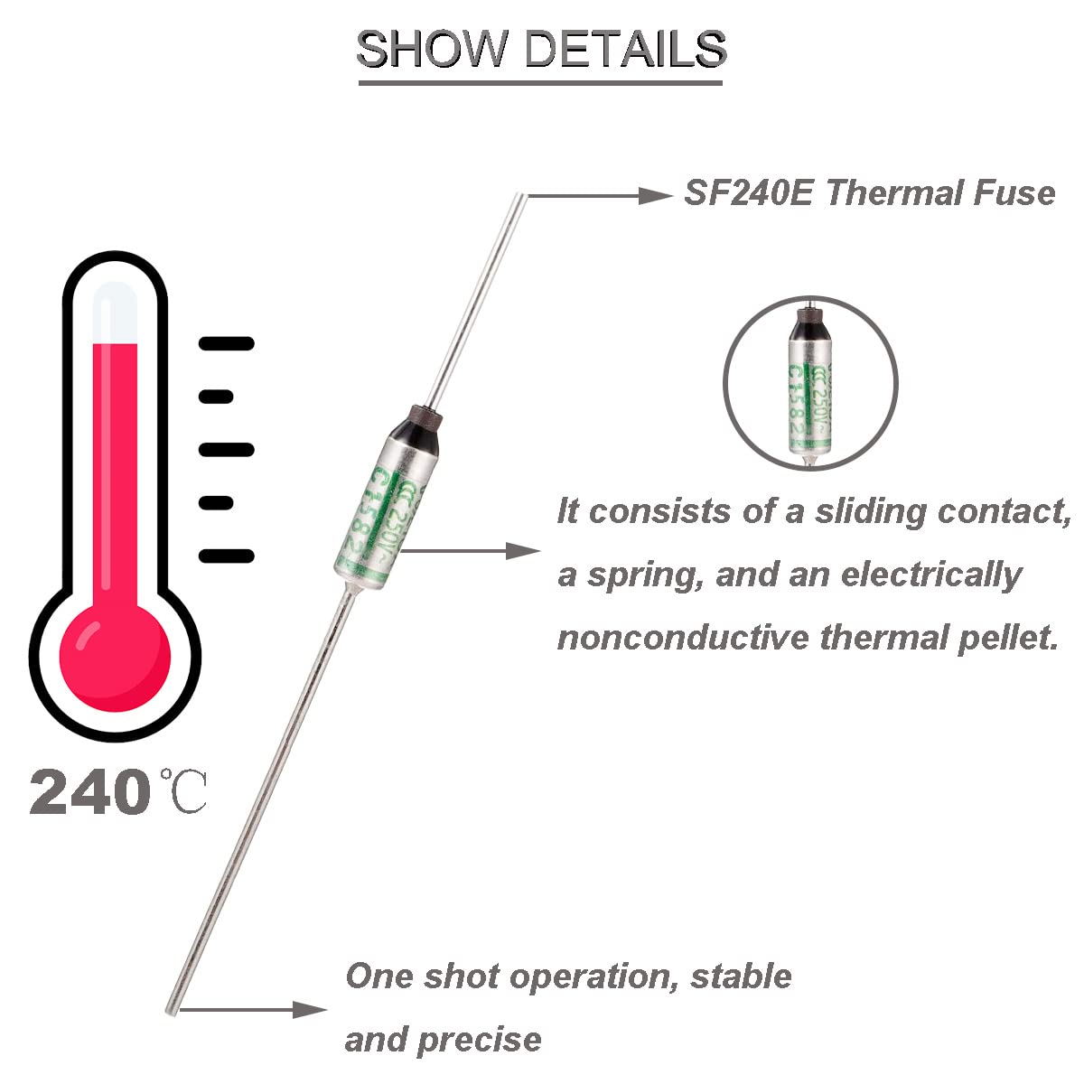 Youmile 10 pcs SF240E SEFUSE 240 Degree Celsius Metal Thermal Cutoffs Thermal Fuse 10A 250V with GT-1 Crimp terminal Silicone fiberglass sleeving for Household Electrical appliances - Image 2