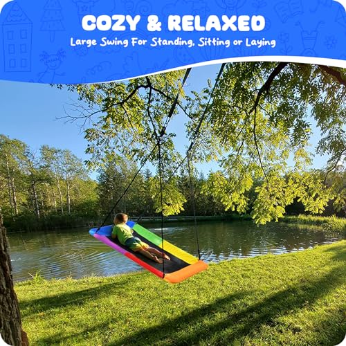 Trekassy 60" Rectangle Platform Tree Swing for Kids Adults, 700lb Capacity Outdoor Giant Swing, 900D Oxford Waterproof Flat Swings with 2 Hanging Straps for Backyard - Rainbow (Patented) by Trekassy - Image 4