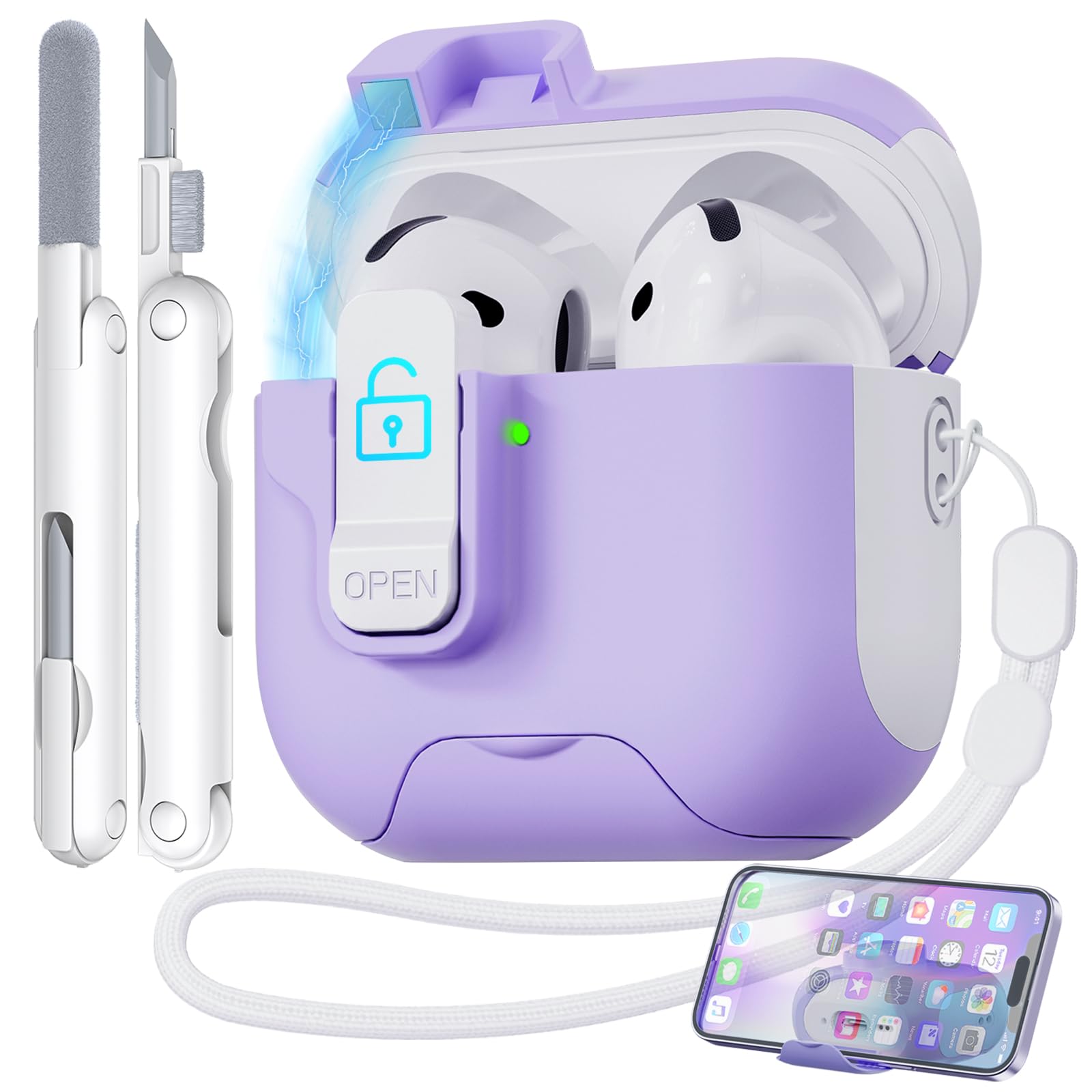 for AirPods 4 Case with Phone Stand, Auto Open,Secure Lock Cases Compatible with Apple Airpods 4th Generation 2024, Drop-Proof Hard Cover with Cleaner