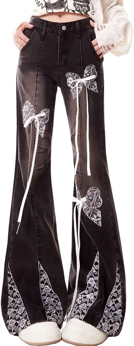 Gothic High Waisted Jeans for Women Y2K Cute Bow Tie Lace Embroidered Drawstring Bell Bottom Denim Pants