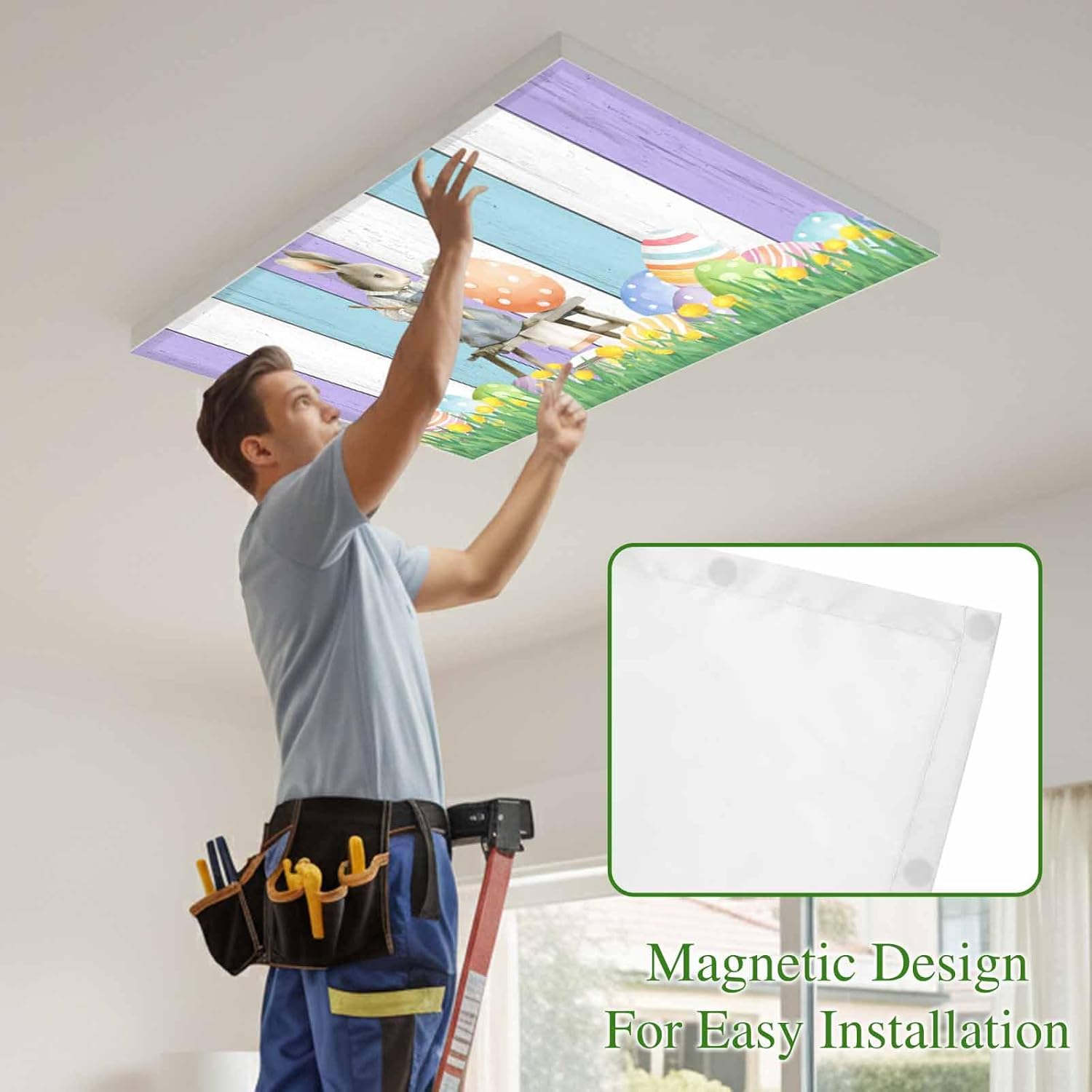 2x4 ft Fluorescent Light Cover for Ceiling Easter Rabbit Colorful Egg Magnetic Light Filters, Farmhouse Bunny Wood Plank Ceiling Lampshades for Home School Office 4Pcs