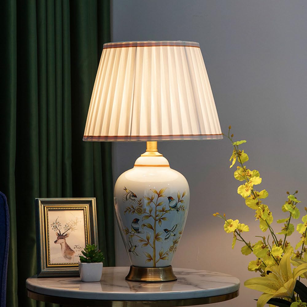 SGKOMN 21.6" Table Lamp Porcelain Ceramic Table Lamp Vintage Hand Drawn Flower And Bird Pattern Ginger Jar Decor Desk Lamp Bedside Nightstand For Living Room Bedroom House Home -A