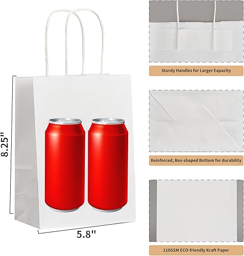 Miniatura 2 de METAPRINT Paquete de 100 bolsas pequeñas de papel de regalo de 5.8 x 3.2 x 8.25 pulgadas, bolsas de papel blanco con asas, bolsas de papel kraft