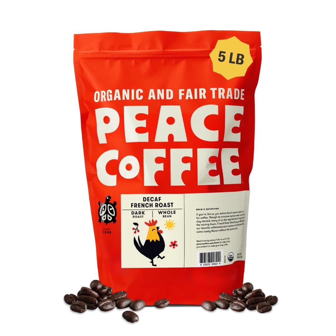 Peace Coffee Decaf French Roast Whole Bean Coffee, Dark Roast, 5 lb, Organic Fair Trade, Nutty, Bold Flavor, Shade Grown, Fresh Roasted