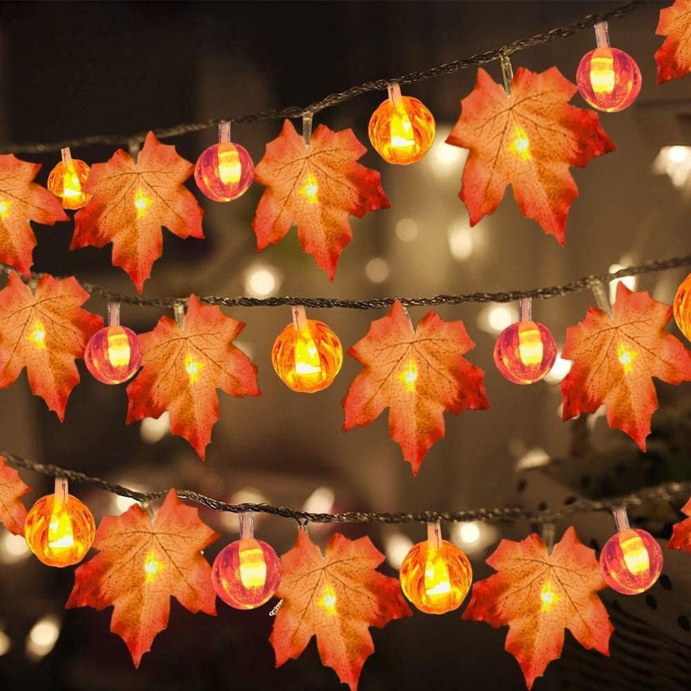3 Meter 20 LED Maple Leaf Pumpkin String Light,3D Thanksgiving String Lights Decoration Fall Fall Harvest Party Ornaments Lights 2 Modes Halloween Pumpkin Light for Indoor Outdoor Decor