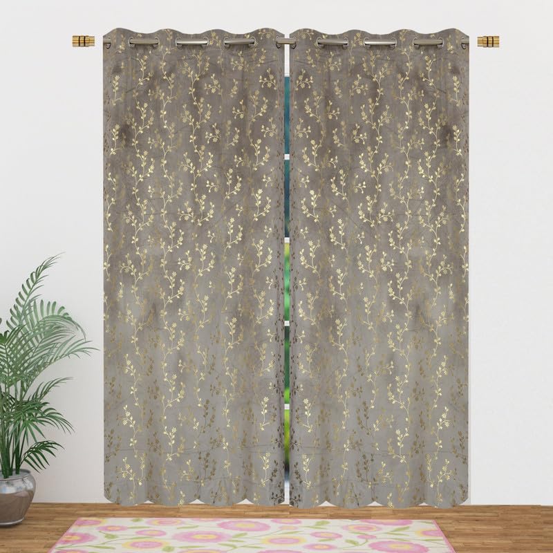 Image of Heavy Velvet Fabric Luxury Looks Room Darkening Floral Designer Curtains 8 Feet for Door, Grey, Single Piece