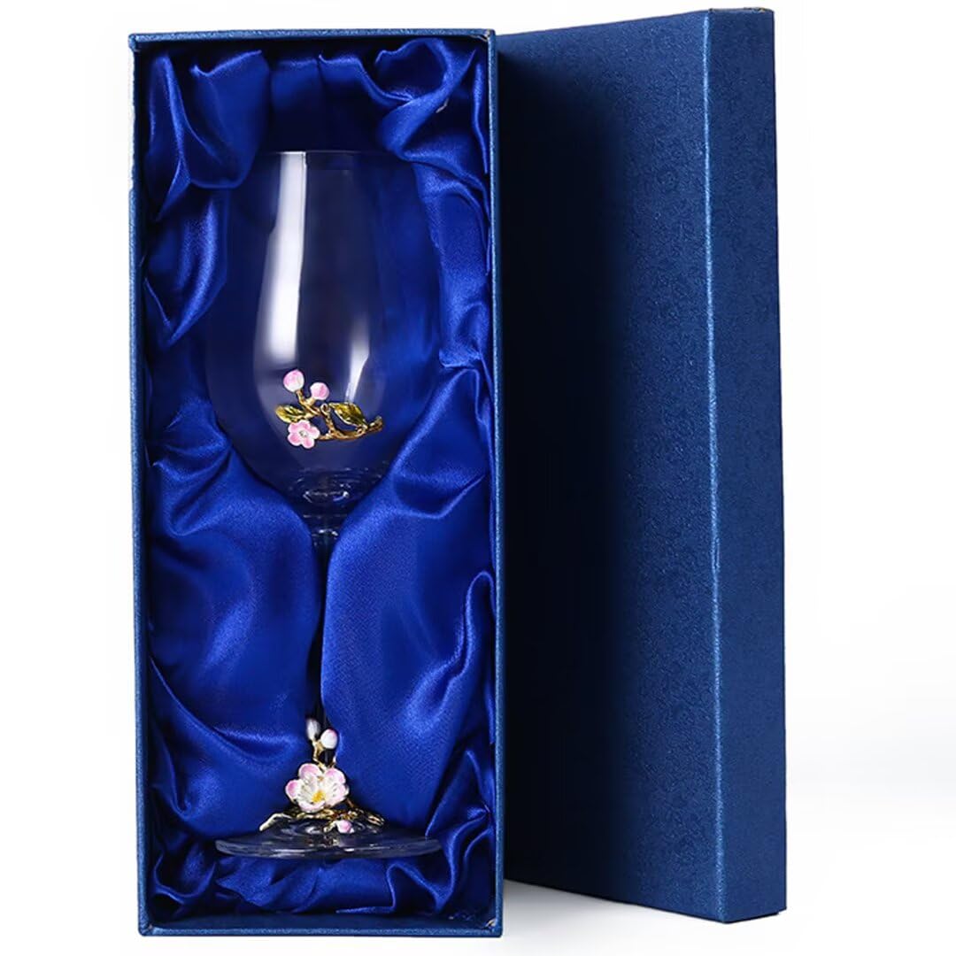 Karafka do wina z dmuchanego szkła, ręcznie dmuchana, emaliowana, bez ołowiu, 350 ml, ze wzorem kwiatów śliwki, opakowanie na prezent, eleganckie szkło z długim uchwytem (1 sztuka)