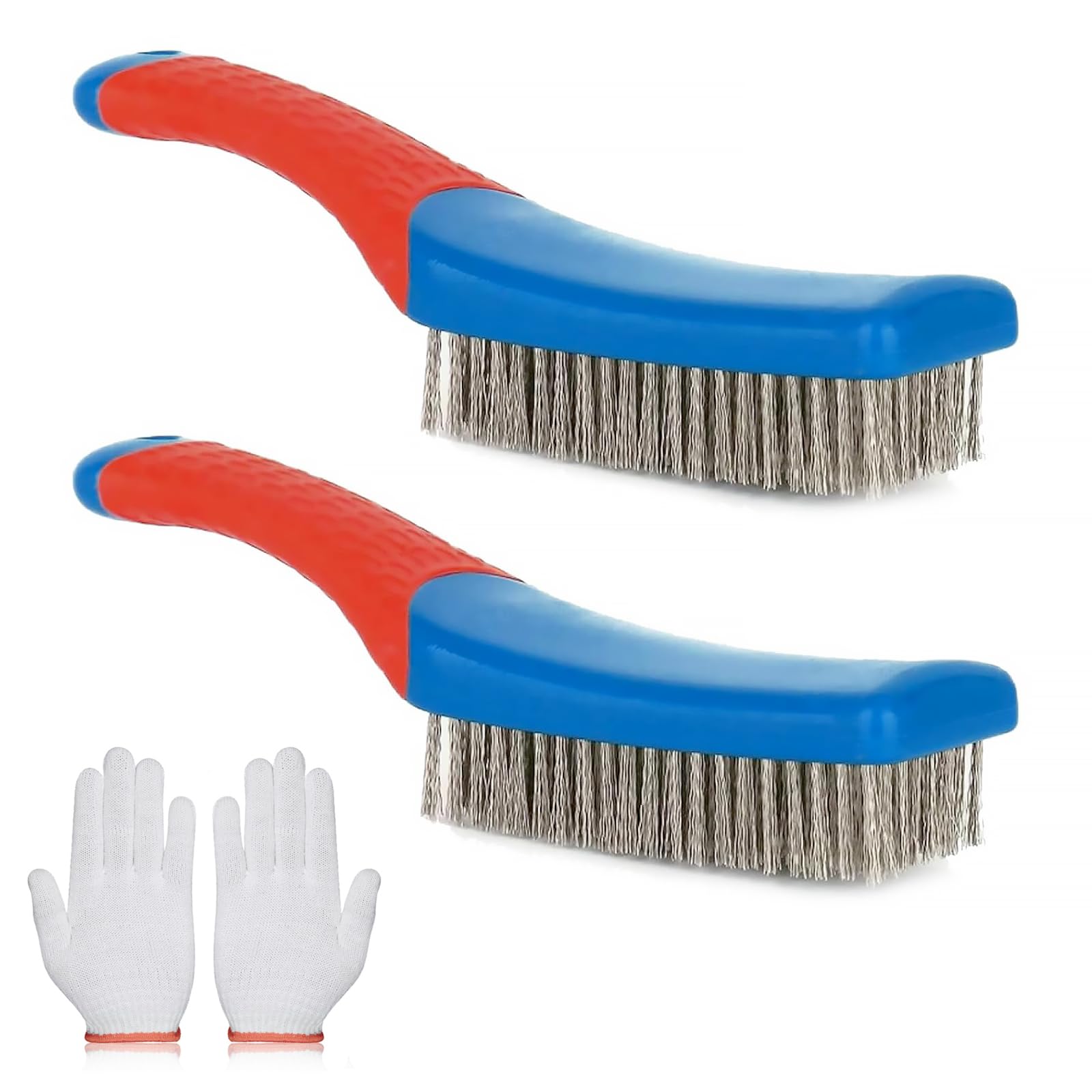 2pcs Stainless Steel Wire Brushes Set with White Work Gloves - Heavy Duty Wire Brushes for Cleaning Rust/Paint Removal, BBQ Grill/Kitchen Metal Brush with Handle