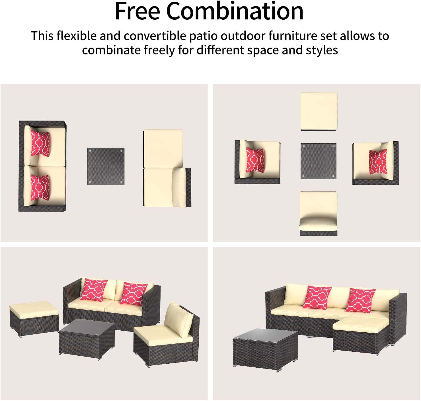Diagram showing various possible configurations for the sectional patio furniture set.