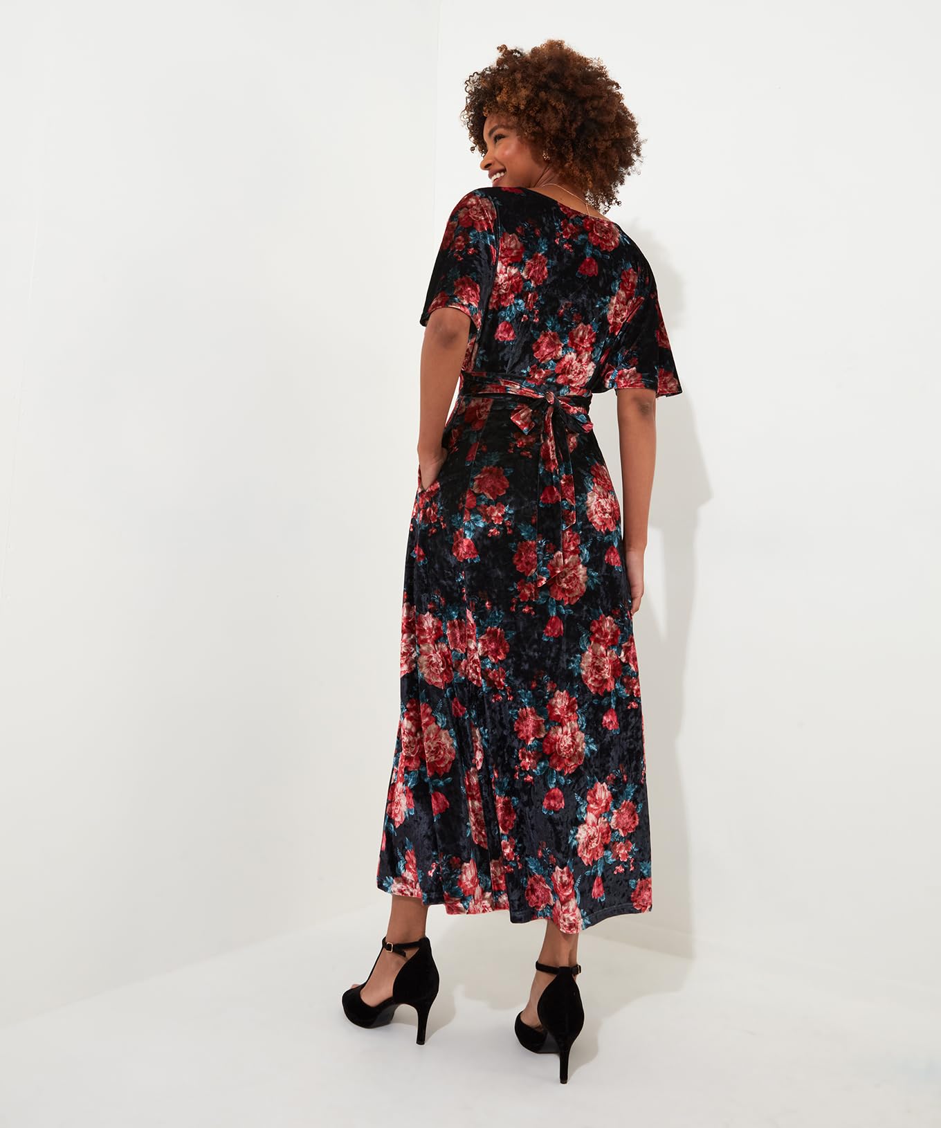 Joe Browns Rose Floral Tie Waist Velour V-Neck Dress Robe, Noir, 38 Femme