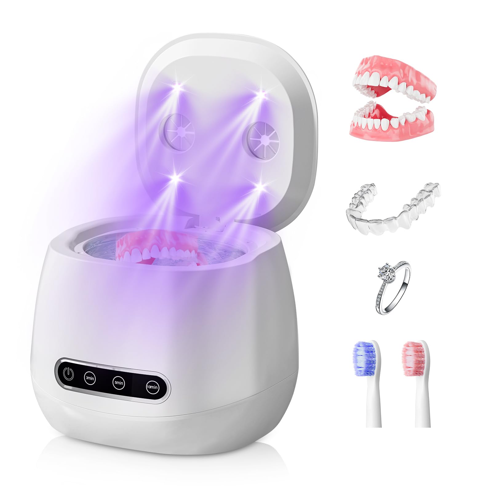 Upgraded 2026 Ultrasonic Retainer Cleaner Machine, 45kHz Ultrasonic Denture Cleaner with 3-Timer Modes (3/5/10 Min), Suitable for Dentures, Night