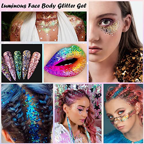 18 Colors Glow In The Dark Face Body Glitter Gel, Luminous Iridescent Glitter For Eye Lip Nail Hair, Self-Adhesive Uv Holographic Face Glitter Gel Halloween Christmas Party Makeup (18 Colors) #TOP5
