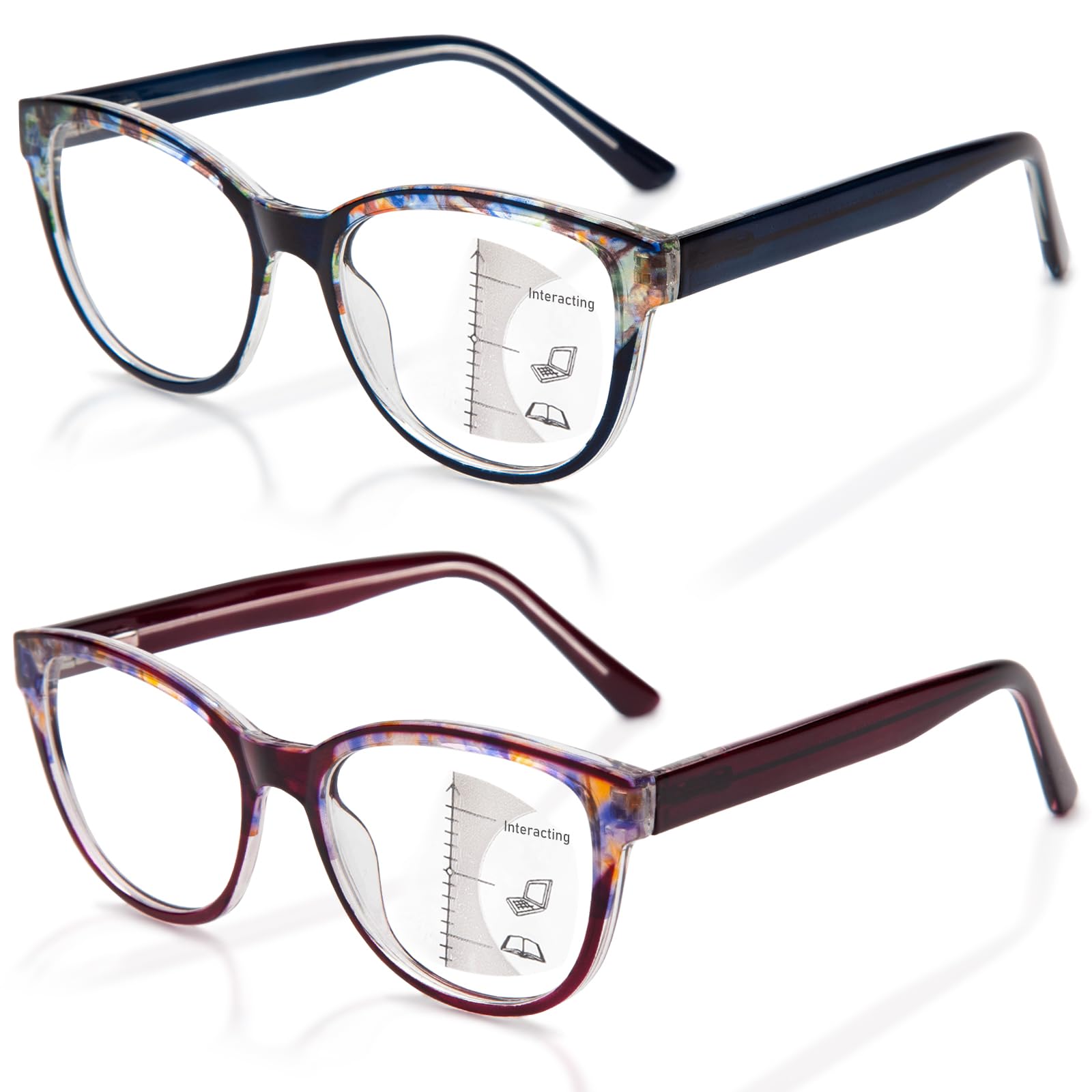 JO Progressive Multifocus Reading Glasses 2 Pack for Women Progressive Reader (Blue/Purple, 1.5, x)