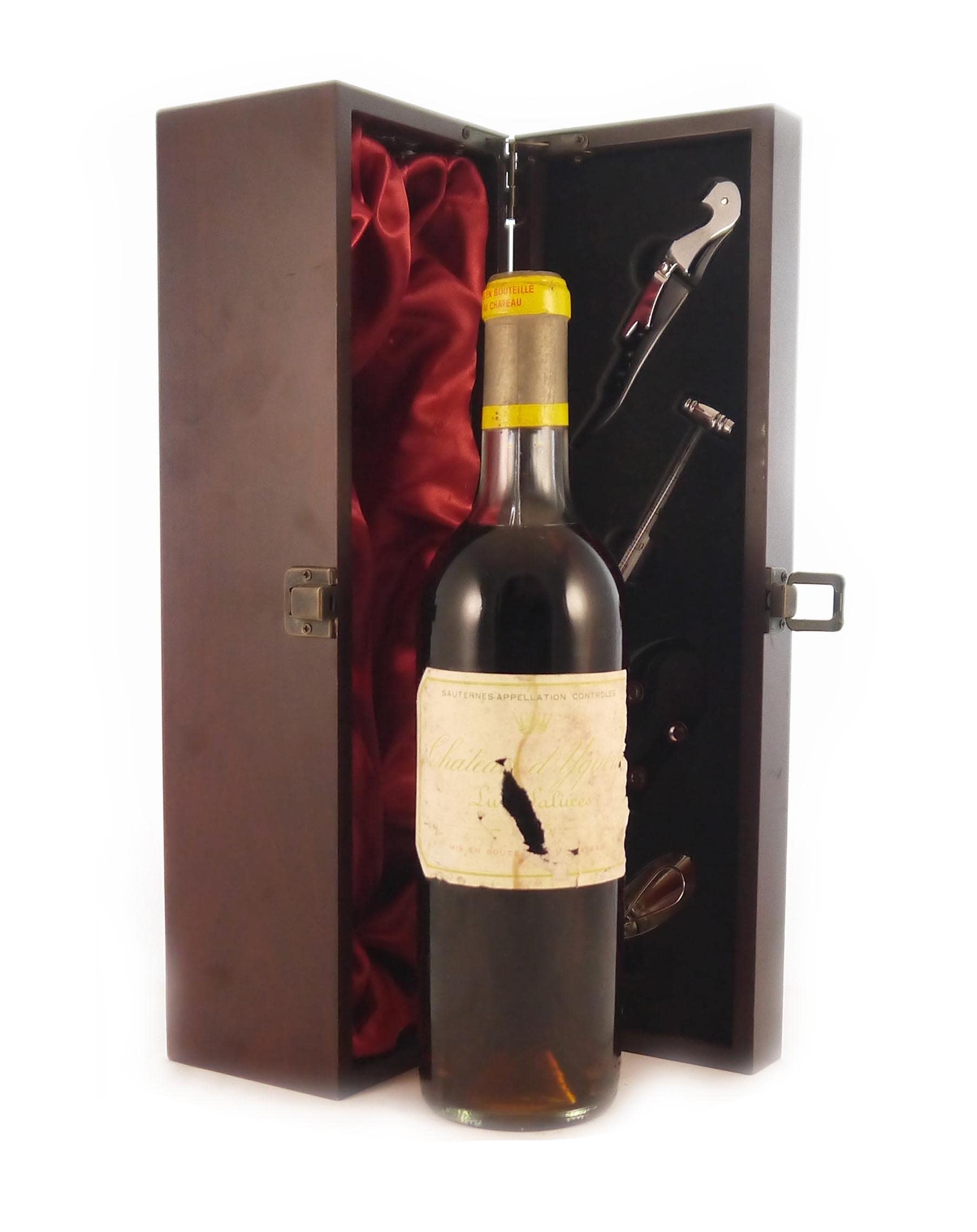 Chateau d' Yquem 1965 Sauternes vintage wine in a deluxe silk lined wooden presentation box with four wine accessories, 1x 750ml