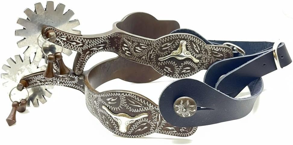 Western Cowboy Spurs with Straps Set - German Silver Engraved Trims Low Carbon Steel Spurs for Men