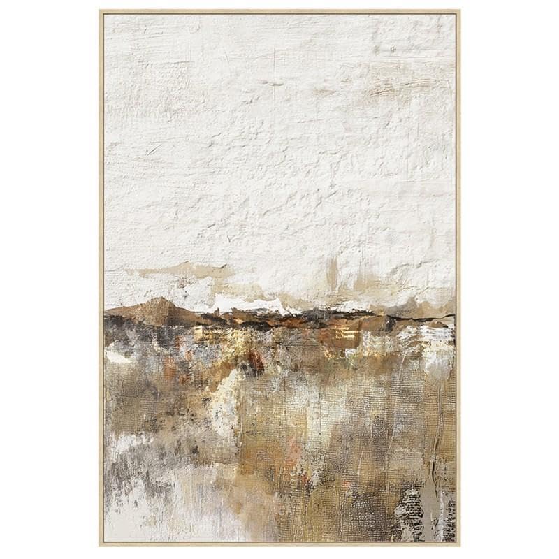 Tableau sur toile beige et blanc décoration murale salon cadre bois