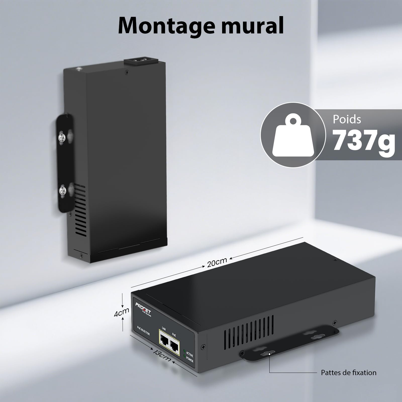 PROCET Injecteur PoE jusqu'à 75W Gigabit PoE++, Plage de températures étendue de -40°C à 65°C pour caméras PTZ/CCTV, Points d'accès UniFi/Cisco, Station de Base, usines Intelligente