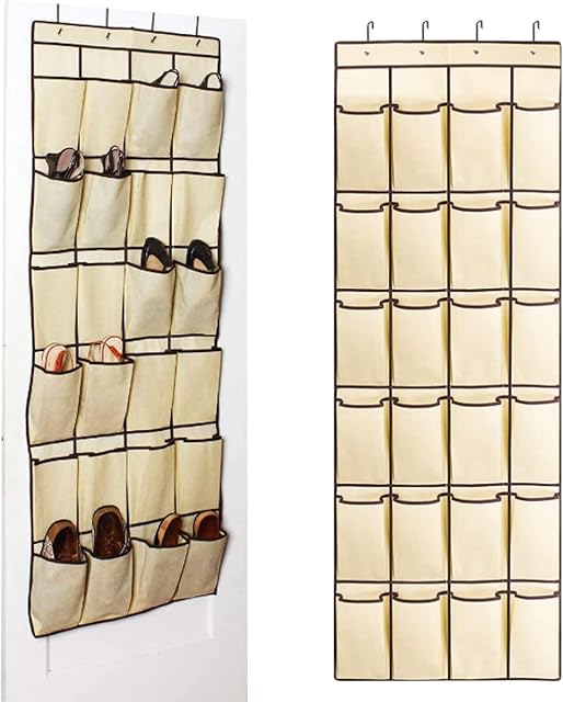 Shoe Organiser with 24 Pockets, Over the Door Shoe Storage Hanging Storage Organiser Foldable Wardrobes Storage Bag with Hooks for Bedroom Bathroom Door Storage, Beige
