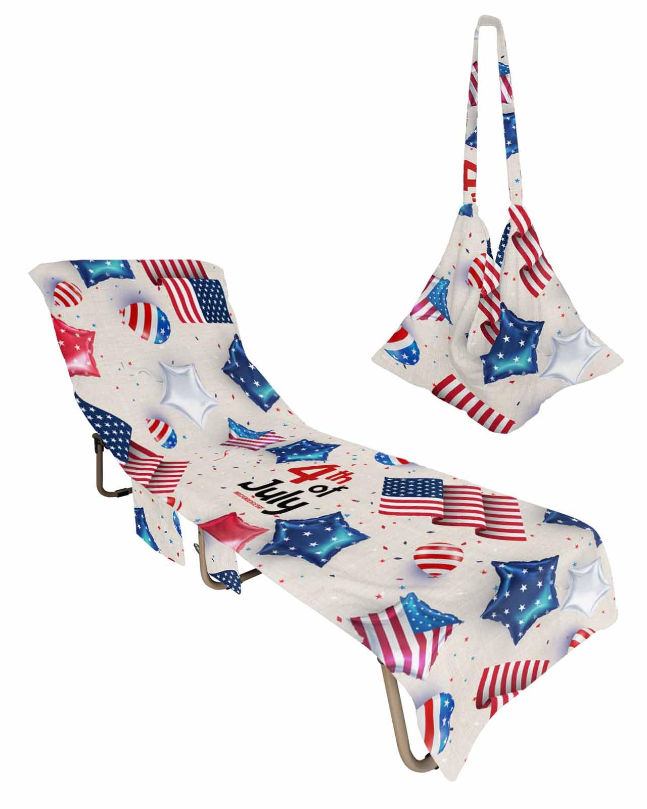 Independence Day Beach Chair Towel Covers for Chaise Lounge with Side Pocket, Soft Plush Pool Towels Cover for Patio Sunbathing Outdoor 29''x85'' Freedom Stripes Stars Vintage Flag