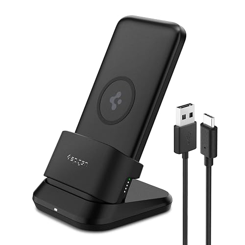 Spigen Power Bank 10000mAh Fast Charging, 3 in 1 Wireless Power Bank with Standing Dock, (20W USB-A, USBC) Lithium Polymer, (USB-A to C Cable Included) - Black