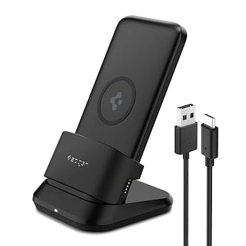Spigen ArcPack 10000mAh 20W 3in1 Wireless Power Bank - Black | 10000mAh 20W Wireless Li-Polymer Power Bank with Standing Dock (USB-A to C Cable Included) Compatible with Phone & AirPods