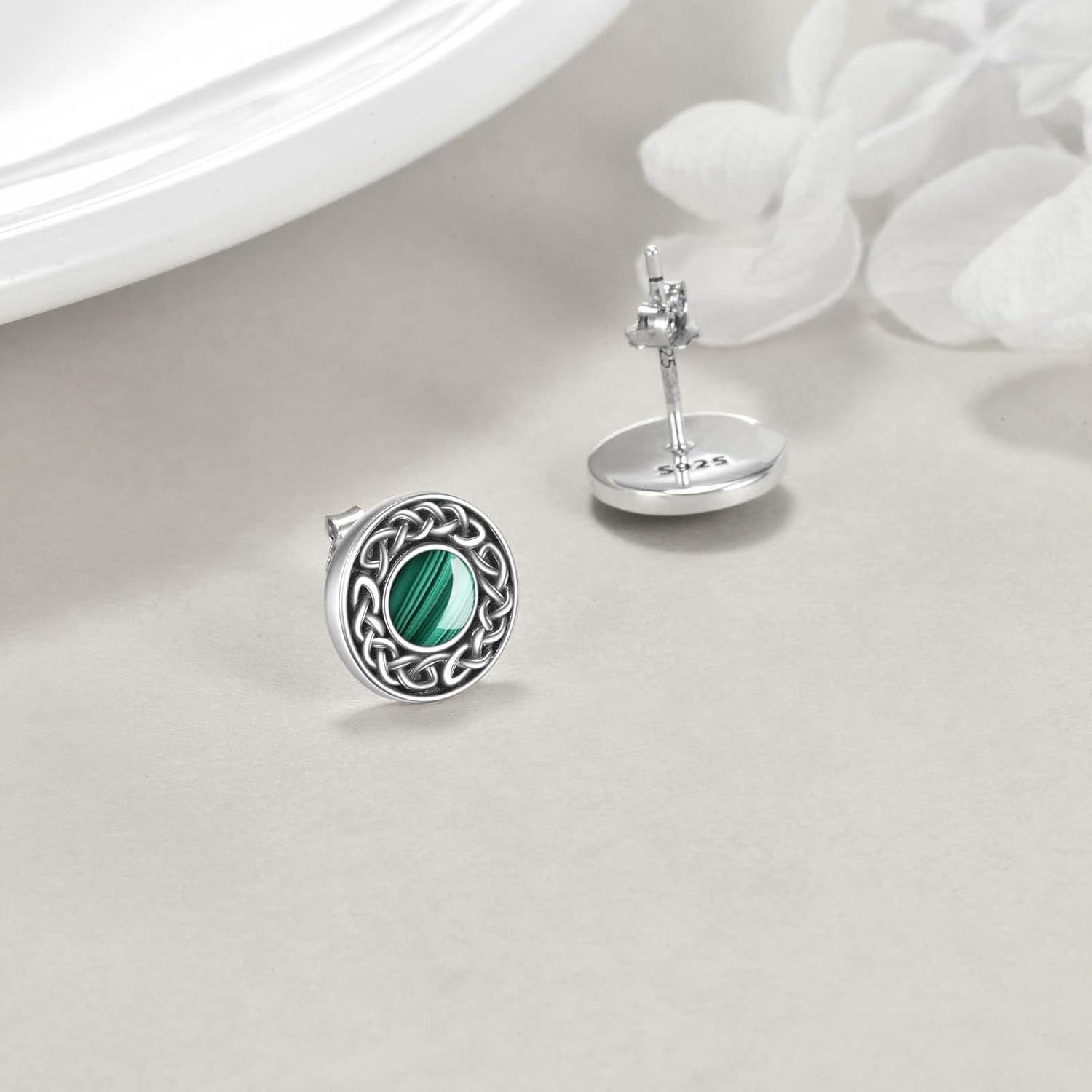 Celtic Boho Earrings 925 Sterling Silver Malachite/Moonstone/Turquoise Stud Earring Round Post Western Jewelry Gifts for Mother Wife