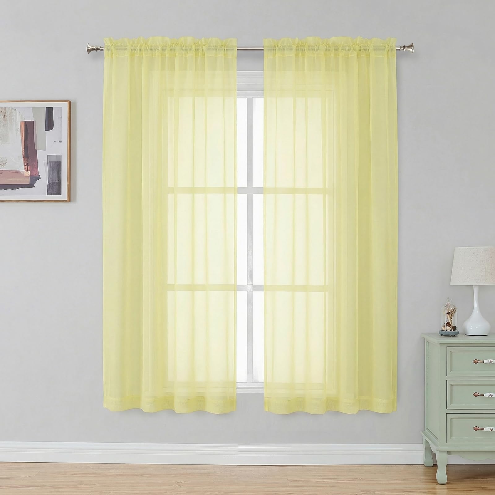 Simplebrand Light Yellow Sheer Curtains 63 Inch Length 2 Panels for Bedroom