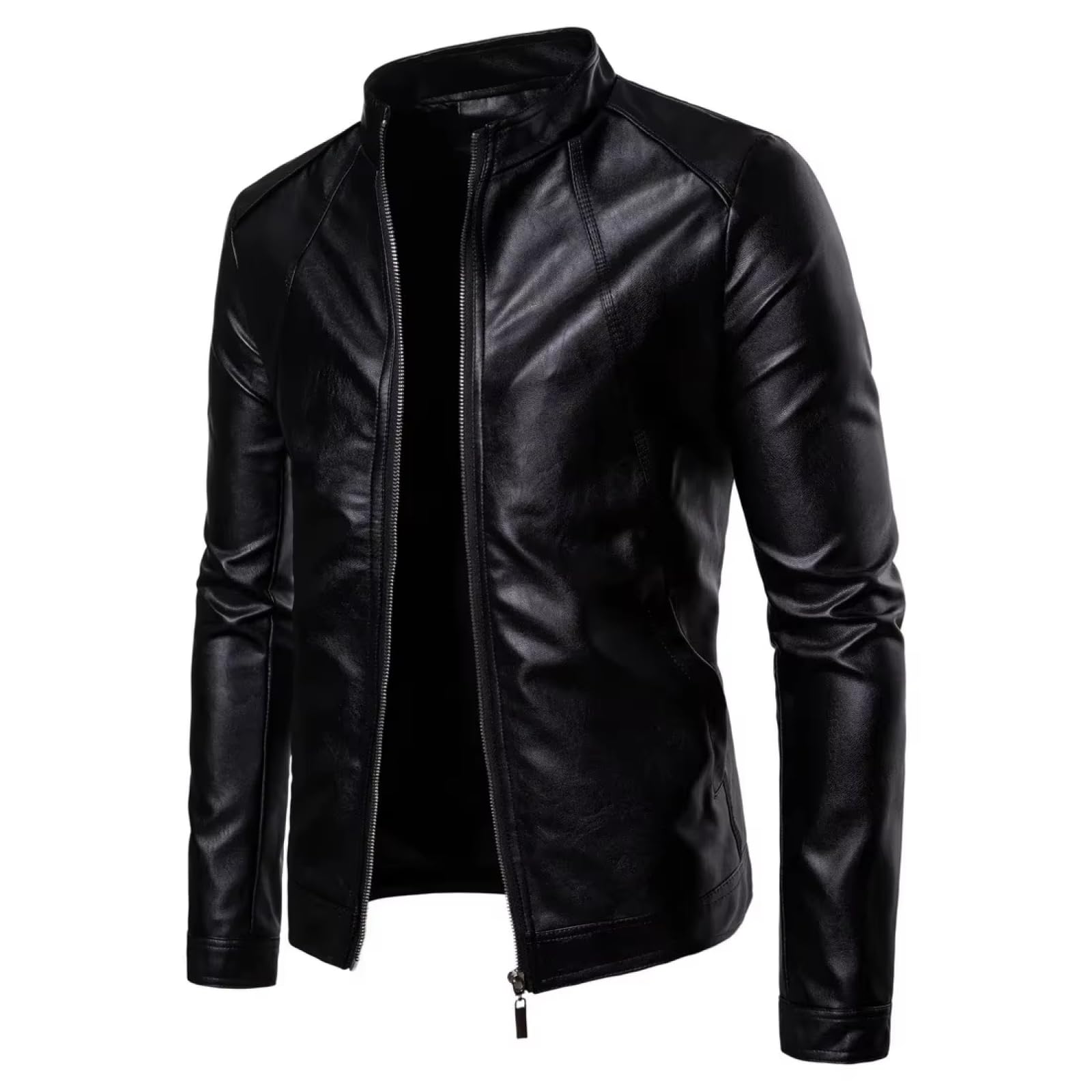 ORDOBO Chaqueta De Cuero Para Hombre - Chaqueta De Cuero De Cuello Alto De Corte Entallado Para Primavera Y Otoño Color Liso Resistente Al Viento Talla Grande Ligera Con Cremallera