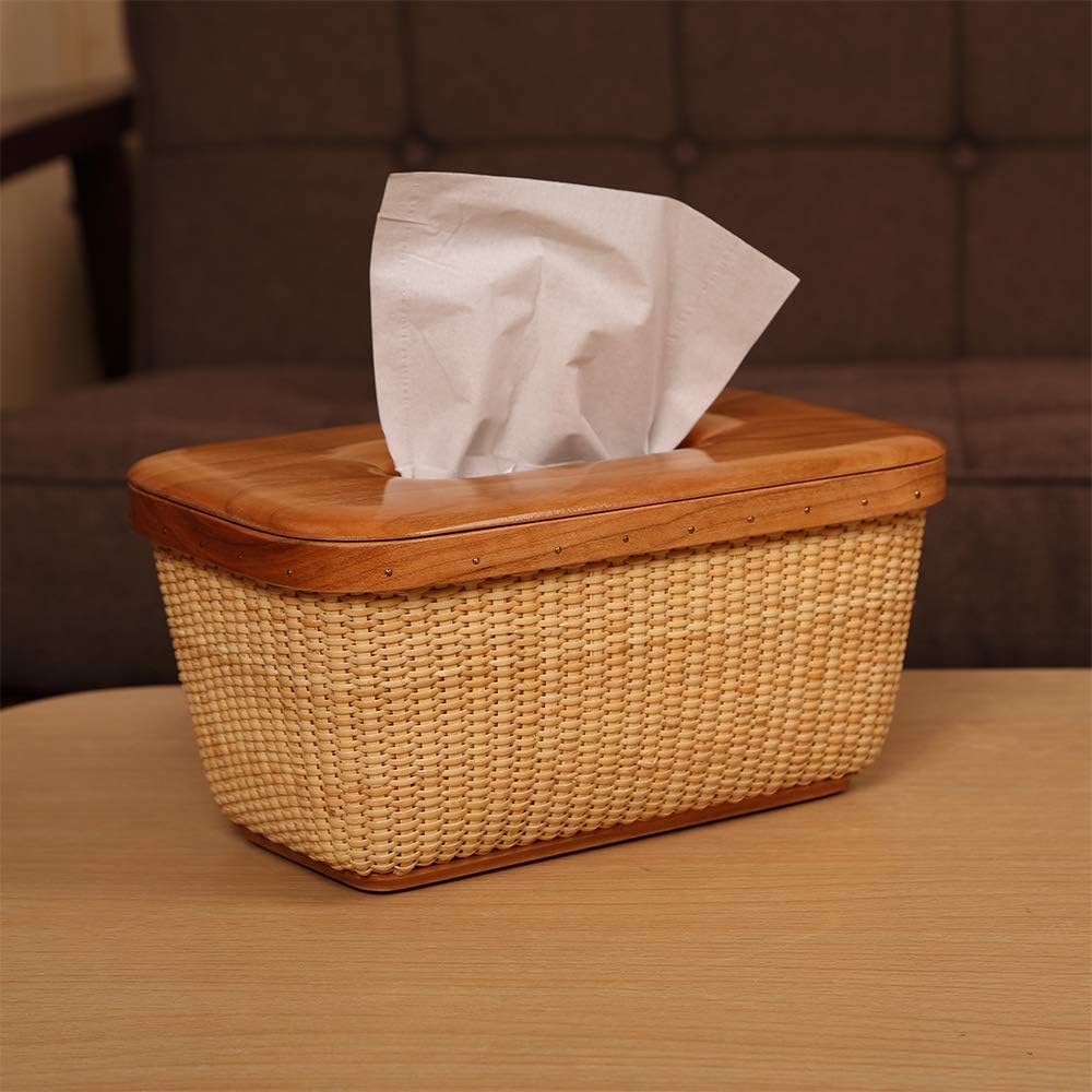 Rattan Tissue Holders Modern Square Paper Facial Tissue Box Extraction Paper Rectangular Holder for Storage on Bathroom Vanity Countertop Bedroom Dresser (Cherry Rectangle H4.5)