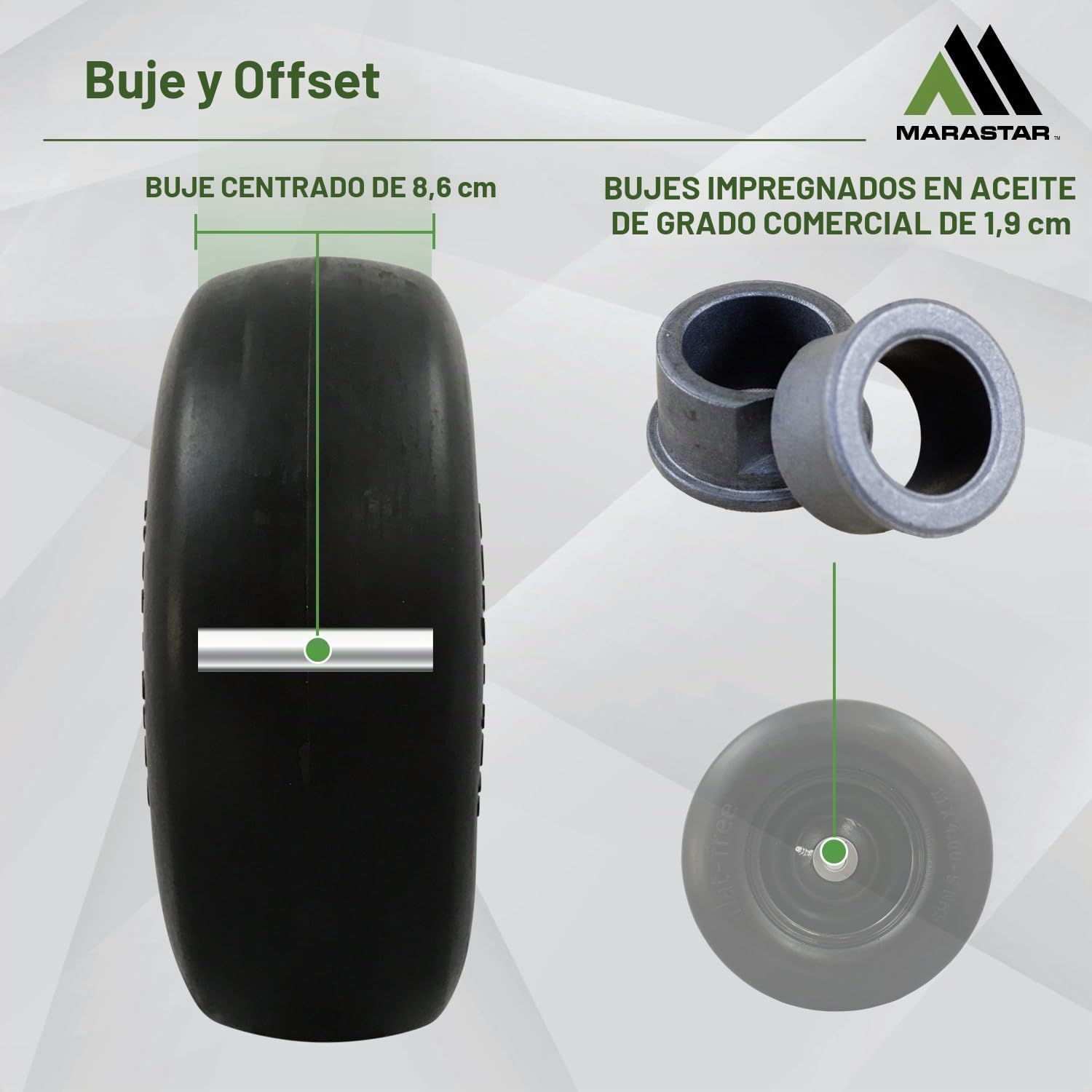 MARASTAR 00232 - Neumáticos y montaje de rueda - Ajuste universal - Flat-Free - 11 x 4.00-5 - Neumáticos de repuesto para cortacésped Zero Turn - Superficie de rodamiento lisa - Kit adaptador incluido