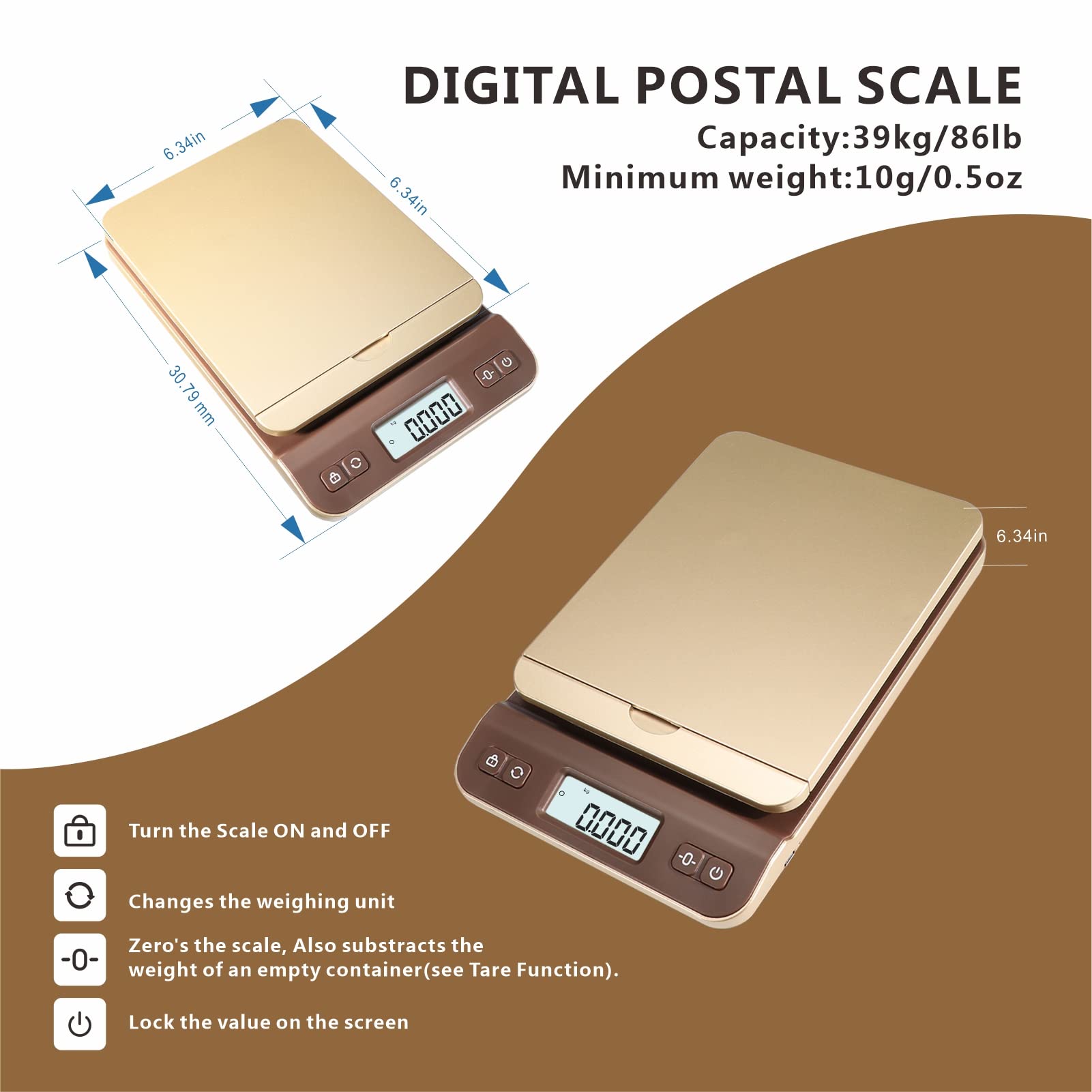 UNIWEIGH Balanza Postal Digital 39kg/86lb, Báscula de precisión, Báscula Postal Digital pesar paquetes, Oficina, Almacén, Cartas, Incluye Cable USB, Cinta Métrica, dorado.