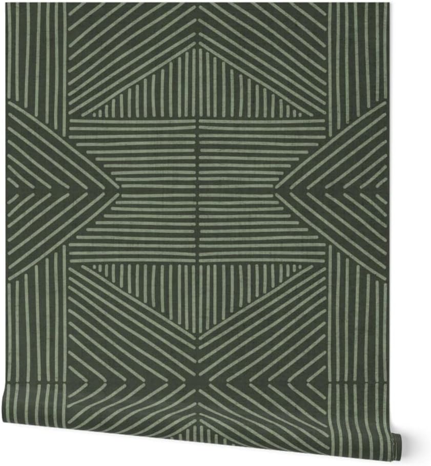 Peel & Stick Wallpaper 3ft x 2ft - Olive Green Mudcloth Lines Modern Geometric Abstract Texture Custom Removable Wallpaper by Spoonflower
